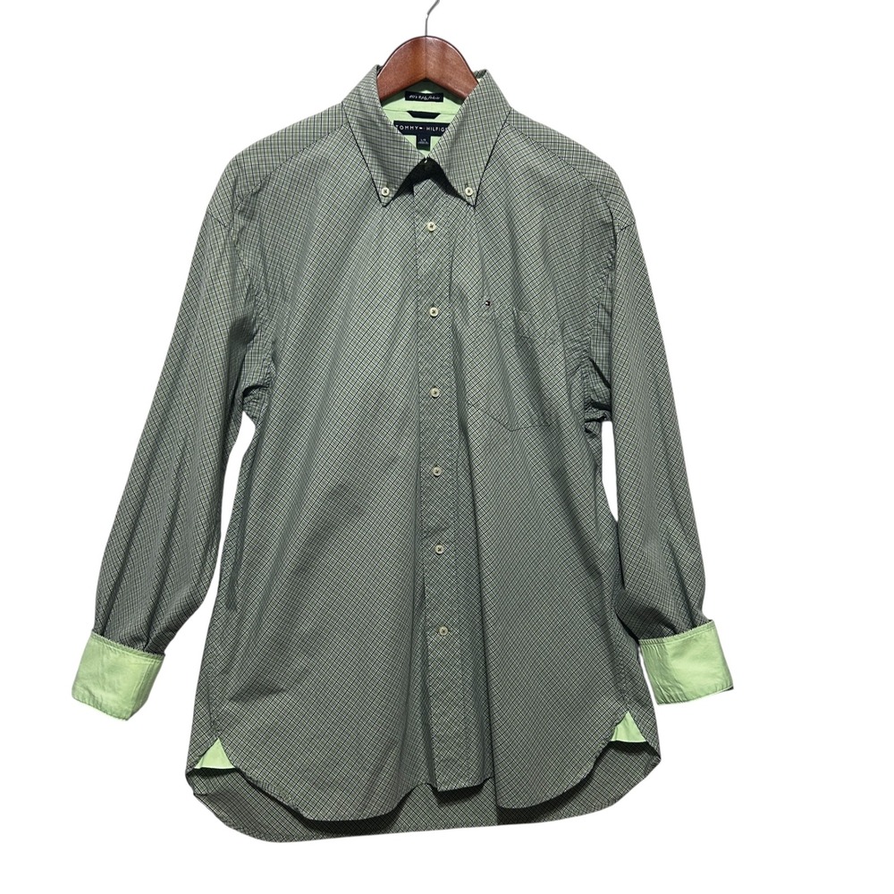 Tommy Hilfiger Men's L Green Check Plaid Button Up Shirt Classic Preppy Casual